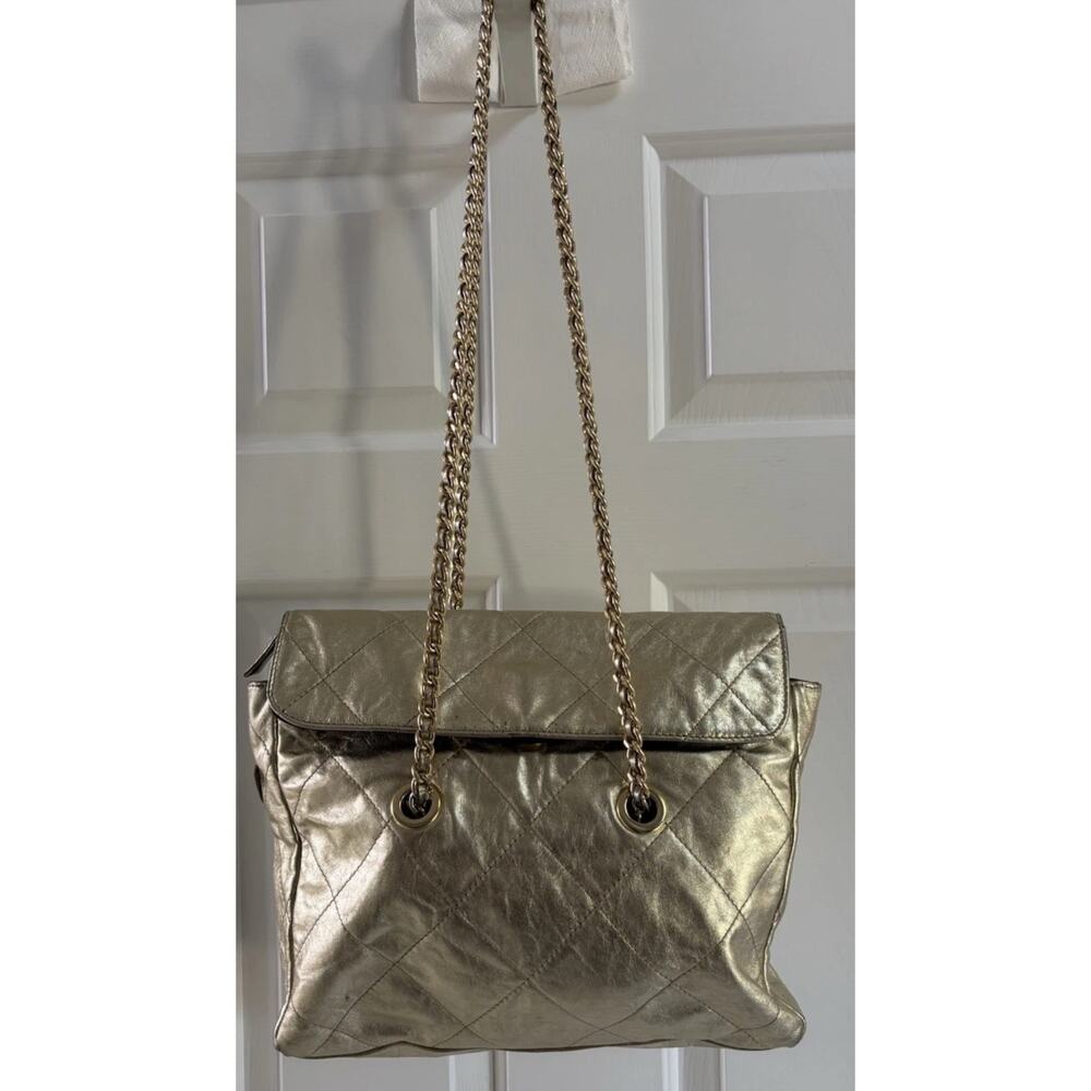 Vintage PRADA Metallic Gold Large Leather Quilted Double-Chain Strap Large
